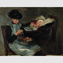 Max Liebermann (1847-1935). Mädchen aus Laren beim Kartoffelschälen neben schlafendem Kind im Korb, um 1887. Sammlung Museum Kunst der Westküste, Alkersum Föhr