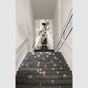 Lichtprojektion auf der Treppe zur Dauerausstellung, Entwurf: Arbeitsgemeinschaft Chezweitz GmbH/ Hella Rolfes Architekten BDA
