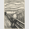 Edvard Munch (1863–1944) Geschrei / Der Schrei, 1895 Kreide- und Pinsellithografie auf braunen Karton montiert, Bild 350 x 250 mm / Blatt 365 x 267 mm Hamburger Kunsthalle, Kupferstichkabinett © Hamburger Kunsthalle / bpk Foto: Christoph Irrgang